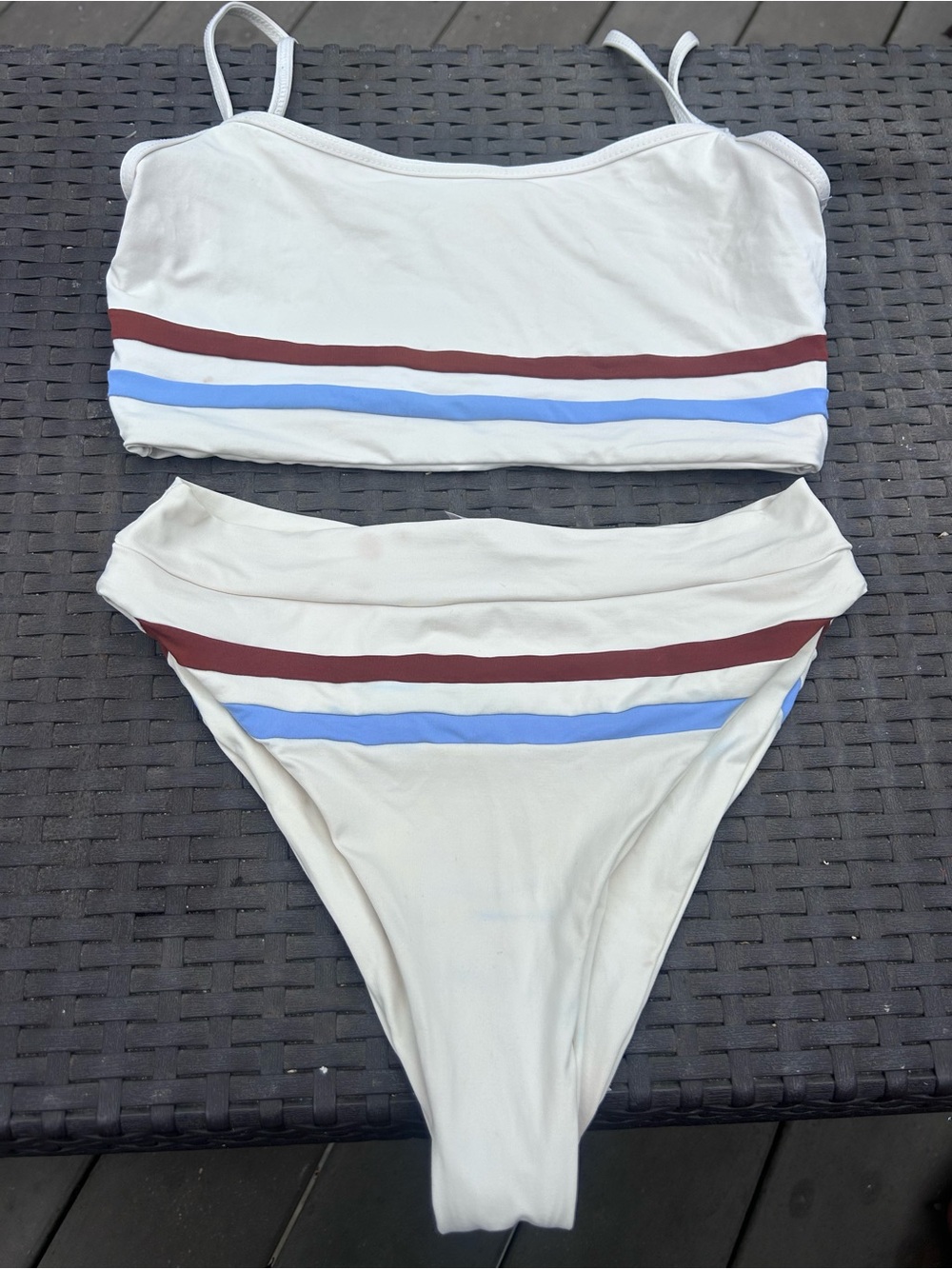 l*space White Bikini Set with Maroon and Light Blue Stripes